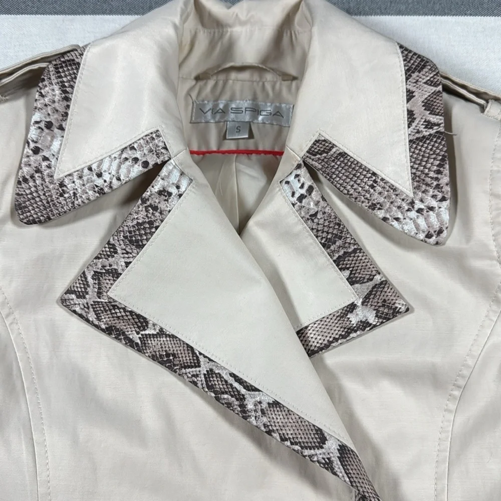Via‎ Spiga Beige Snake Trim Double Breasted Belted Trench Coat Preppy Size S